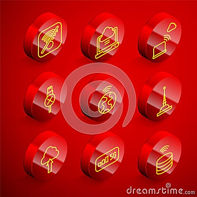 Set line No Wi-Fi wireless internet, Network cloud connection, usb cable cord, Global technology, Antenna, Cloud upload Stock Photo