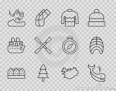 Set line Norwegian wooden house, Whale, Sweater, Tree, Northern lights, Oars paddles boat, Map of Iceland and Fish steak Vector Illustration