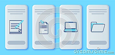 Set line Note paper with pinned pushbutton, Laptop, Blank notebook and pen and Document folder icon. Vector Stock Photo