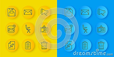 Set line Note paper with push button, Envelope, Office chair, Trash can, Identification badge, Floppy disk, Megaphone Vector Illustration