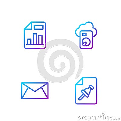Set line Note paper with push button, Mail and e-mail, Document graph chart and Cloud database. Gradient color icons Stock Photo