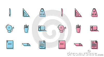 Set line Notebook, Eraser or rubber, Pen, File document and paper clip, Pencil case stationery, Computer monitor with Vector Illustration
