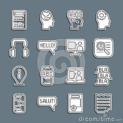 Set line Notebook, Speech bubble chat, Translator, Learning foreign languages, Hello different, Headphones, Exam sheet Stock Photo