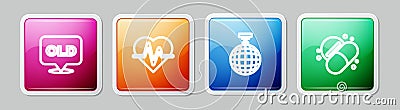 Set line Nursing home, Heart rate, Disco ball and Medicine pill or tablet. Colorful square button. Vector Vector Illustration