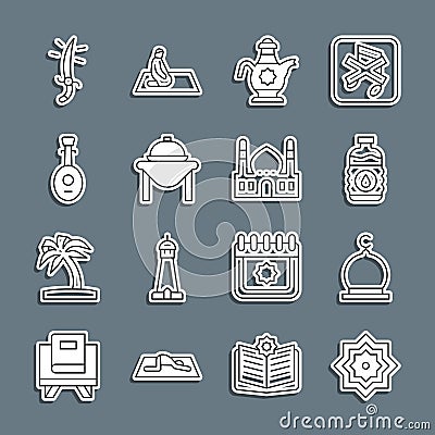 Set line Octagonal star, Muslim Mosque, Bottle of water, Islamic teapot, Table food, Lute, Arabian saber and icon Stock Photo