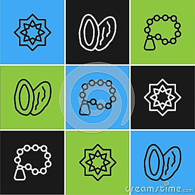 Set line Octagonal star, Rosary beads religion and Date fruit icon. Vector Vector Illustration