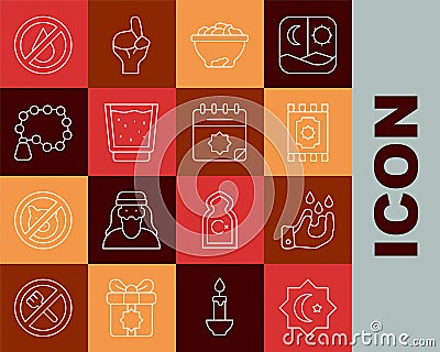 Set line Octagonal star, Wudhu, Traditional carpet, Date fruit in bowl, Glass with water, Rosary beads religion, No and Stock Photo