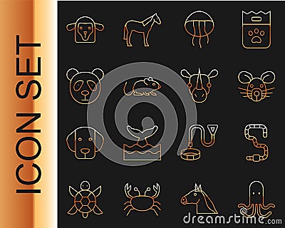 Set line Octopus, Worm, Rat head, Jellyfish, Cute panda face, Sheep and Rhinoceros icon. Vector Vector Illustration