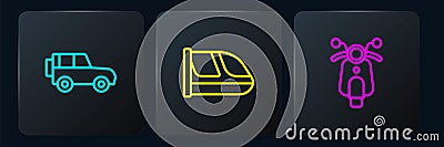 Set line Off road car, Scooter and Train and railway. Black square button. Vector Stock Photo