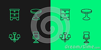 Set line Office chair, Chandelier, Furniture nightstand and Round table icon. Vector Vector Illustration