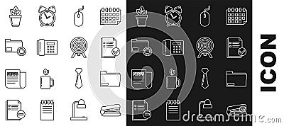 Set line Office stapler, Document folder, and check mark, Computer mouse, Telephone, Folder settings with gears, Flowers Vector Illustration