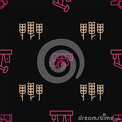 Set line Oil pump or pump jack, Wheat and Cannon on seamless pattern. Vector Vector Illustration