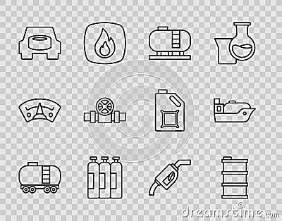 Set line Oil railway cistern, Barrel oil, tank storage, Industrial gas cylinder, Spare wheel the car, Metallic pipes and Vector Illustration