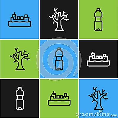 Set line Oil tanker ship, Bottle of water and Withered tree icon. Vector Vector Illustration