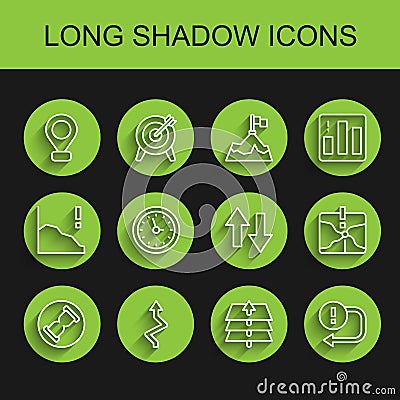 Set line Old hourglass with sand, Arrow, Location, Layers, Clock, Intersection point and icon. Vector Stock Photo