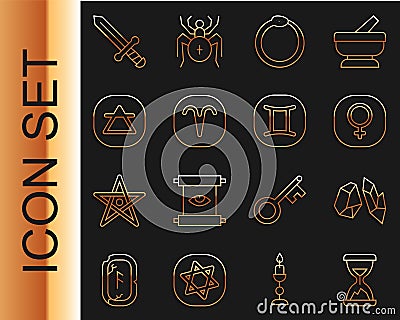 Set line Old hourglass with sand, Magic stone, Venus, Ouroboros, Aries zodiac, Air element, Medieval sword and Gemini Vector Illustration