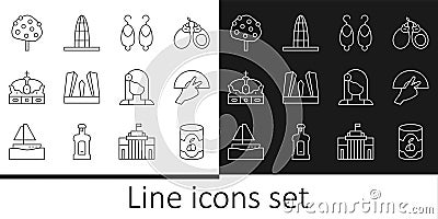 Set line Olives in can, Fan flamenco, Earrings, Gate of Europe, Crown spain, Orange tree, Spanish woman and Agbar tower Vector Illustration