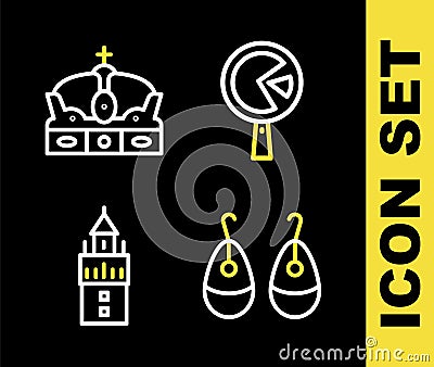 Set line Omelette in frying pan, Earrings, Giralda and Crown of spain icon. Vector Stock Photo