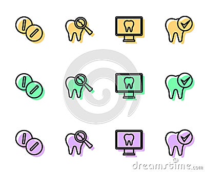 Set line Online dental care, Toothache painkiller tablet, Broken tooth and icon. Vector Vector Illustration