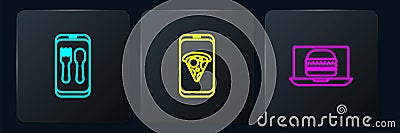 Set line Online ordering and delivery, burger and Food pizza. Black square button. Vector Vector Illustration