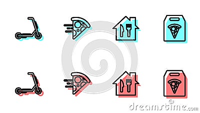 Set line Online ordering and delivery, Scooter, pizza and icon. Vector Vector Illustration