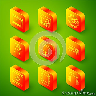 Set line Online play video, Camera shutter, Tripod, Projection screen, Movie, film, media projector, Play Video and icon Vector Illustration