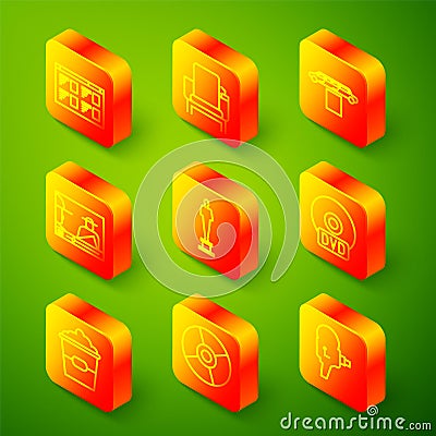 Set line Online play video, Cinema chair, Limousine car and carpet, Movie trophy, CD or DVD disk, Popcorn box and icon Stock Photo