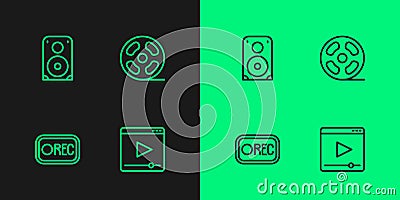 Set line Online play video, Record button, Stereo speaker and Film reel icon. Vector Vector Illustration