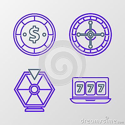 Set line Online slot machine with lucky sevens jackpot, Lucky wheel, Casino roulette and chip dollar icon. Vector Vector Illustration