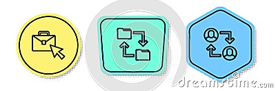 Set line Online working, Cloud storage document folder and Project team base. Colored shapes. Vector Vector Illustration