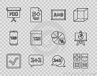 Set line Open book, Feather and inkwell, Calculation, Graph, schedule, chart, diagram, Geometric figure Cube, Test or Stock Photo