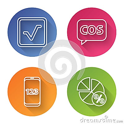 Set line Open book, Tablet with calculator, Book with word mathematics and Equation solution. Color circle button Vector Illustration