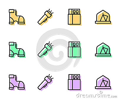 Set line Open matchbox and matches, Hunter boots, Flashlight and Tourist tent icon. Vector Vector Illustration