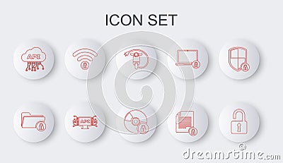 Set line Open padlock, Folder and, Electric scooter, Document, Cloud api interface, Wifi locked, Computer and CD or DVD Stock Photo