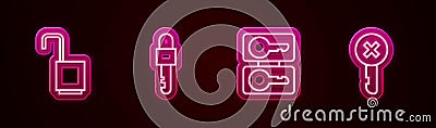 Set line Open padlock, Locked key, Casting keys and Wrong. Glowing neon icon. Vector Vector Illustration