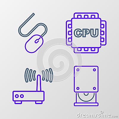 Set line Optical disc drive, Router and wi-fi signal, Processor with CPU and Computer mouse icon. Vector Stock Photo