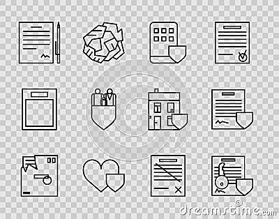 Set line Ordered envelope, Document with key with shield, Smartphone insurance, Heart, Contract pen, Family, Delete file Vector Illustration