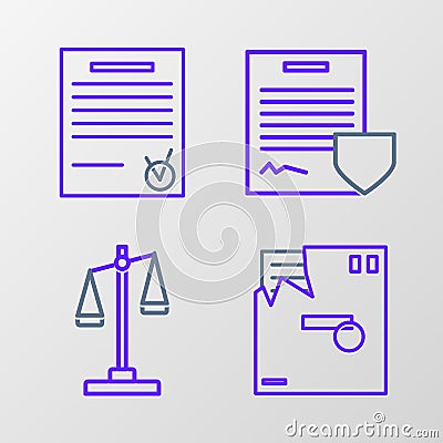 Set line Ordered envelope, Scales of justice, Contract with shield and Confirmed document and check mark icon. Vector Stock Photo