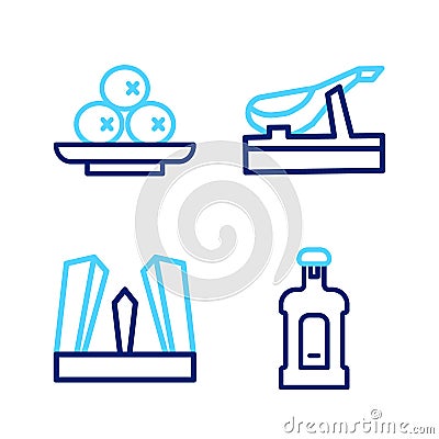 Set line Orujo, Gate of Europe, Spanish jamon and Olives plate icon. Vector Stock Photo