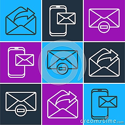 Set line Outgoing mail, Delete envelope and Mobile and envelope icon. Vector Vector Illustration