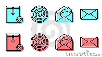 Set line Outgoing mail, Envelope and check mark, Mail and e-mail and Envelope icon. Vector Vector Illustration
