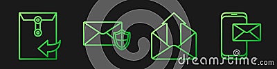 Set line Outgoing mail, Envelope, Envelope with shield and Mobile and envelope. Gradient color icons. Vector Vector Illustration