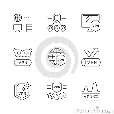 Set line outline icons of VPN Vector Illustration