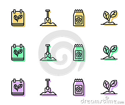 Set line Pack full of seeds, Calendar with autumn leaves, Shovel and Sprout icon. Vector Vector Illustration