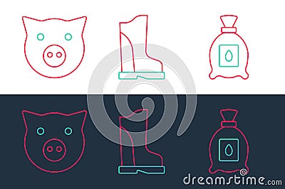 Set line Pack full of seeds of plant, Pig and Waterproof rubber boot icon. Vector Stock Photo