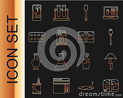 Set line Package with cocaine, Psilocybin mushroom, Opium poppy, Heroin spoon, Open cigarettes pack box, Pills blister Vector Illustration