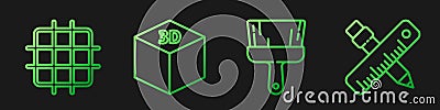 Set line Paint brush, Grid graph paper, Isometric cube and Crossed ruler and pencil. Gradient color icons. Vector Vector Illustration