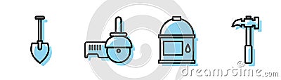 Set line Paint bucket, Shovel, Angle grinder and Claw hammer icon. Vector Vector Illustration