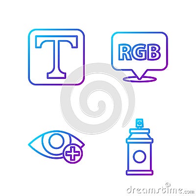 Set line Paint spray can, Red eye effect, Text and Speech bubble with RGB and CMYK. Gradient color icons. Vector Vector Illustration