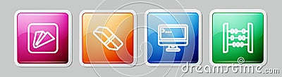 Set line Paper airplane, Eraser or rubber, Computer monitor and Abacus. Colorful square button. Vector Vector Illustration